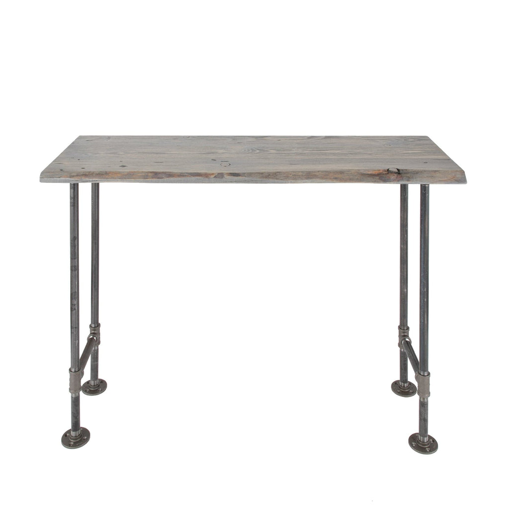 Live edge wood console table with a grey top and iron pipe legs