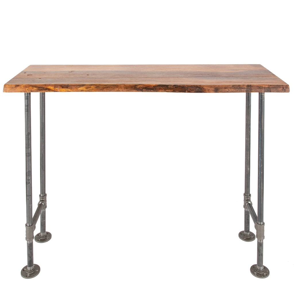 Live edge wood console table with a warm cedar top and iron pipe legs