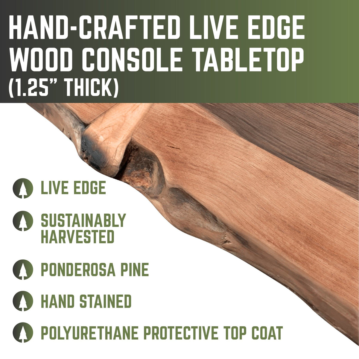 Live edge wood console table in Sunset Cedar, view 4