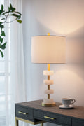 White marble table lamp with gold accents, 26 inches