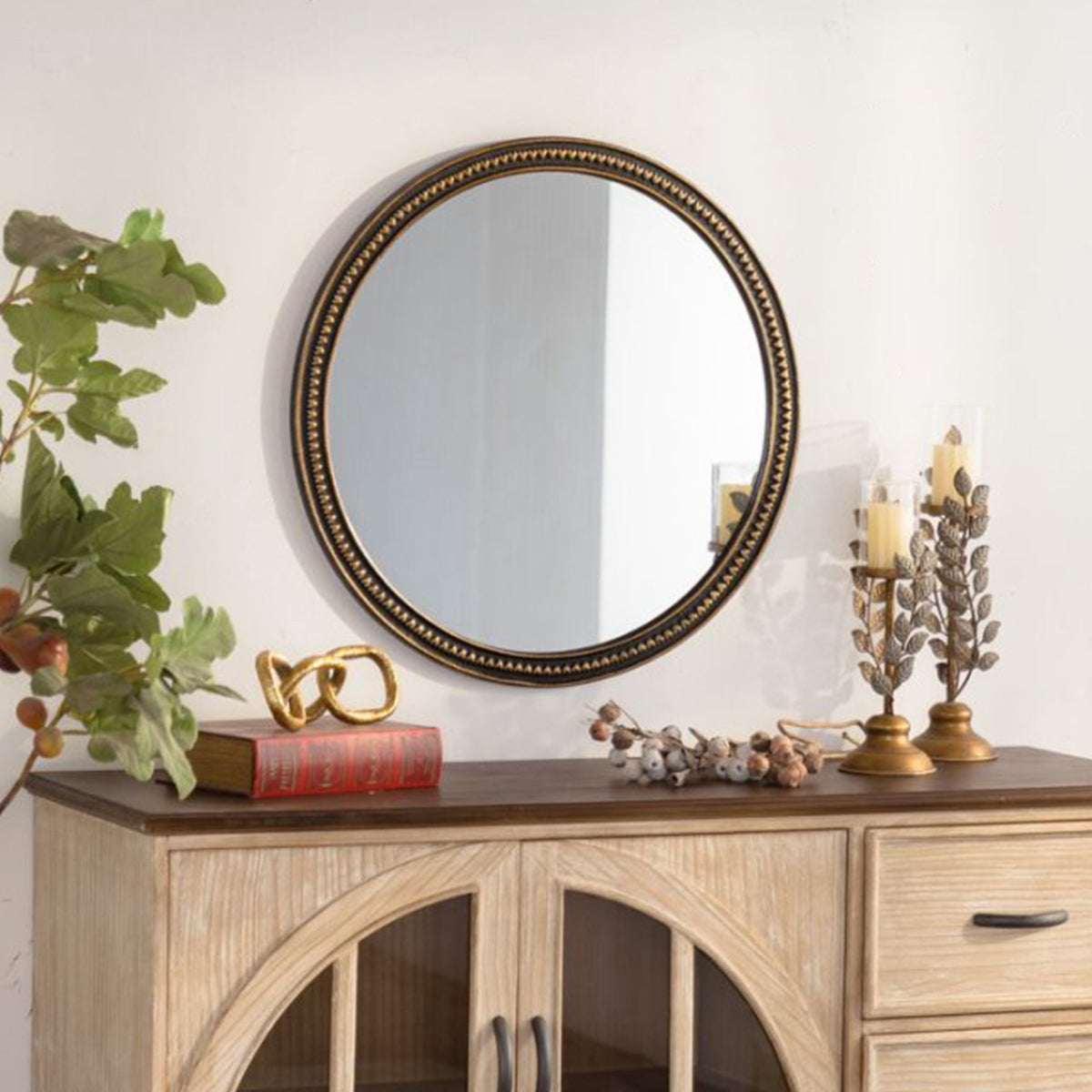 Round Vintage Gold Beaded Wall Mirror