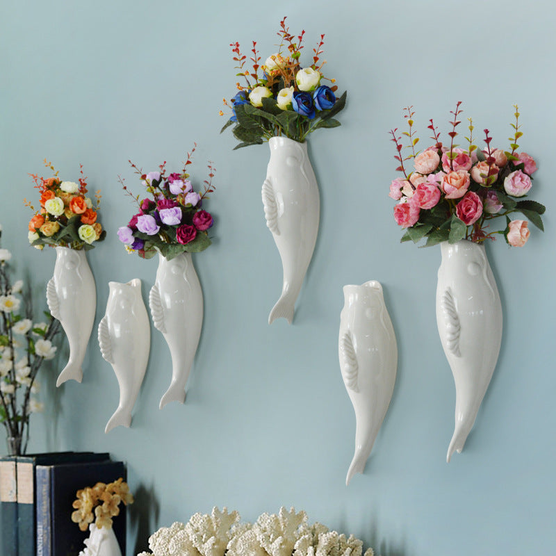 White ceramic fish wall vases, set of 5