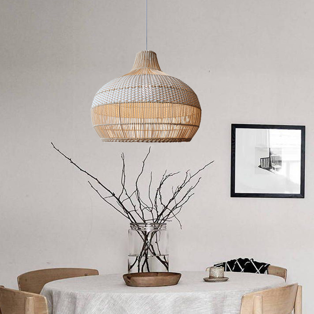 Handwoven rattan pendant light with a domed shade