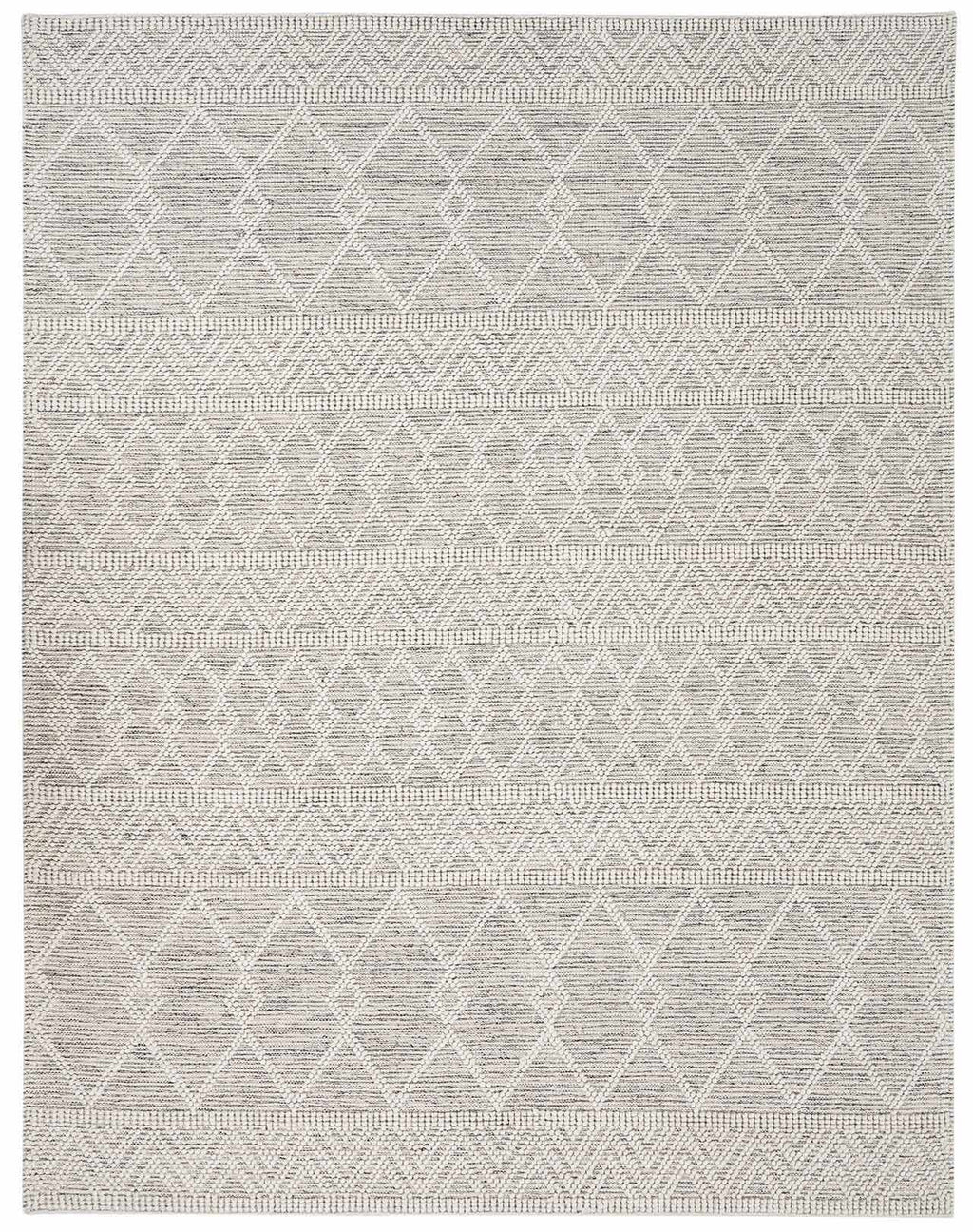 Hand-woven gray and off-white rug with a diamond pattern