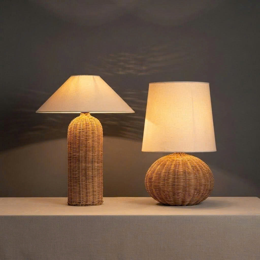 Rattan table lamp with linen-blend shade, view 2