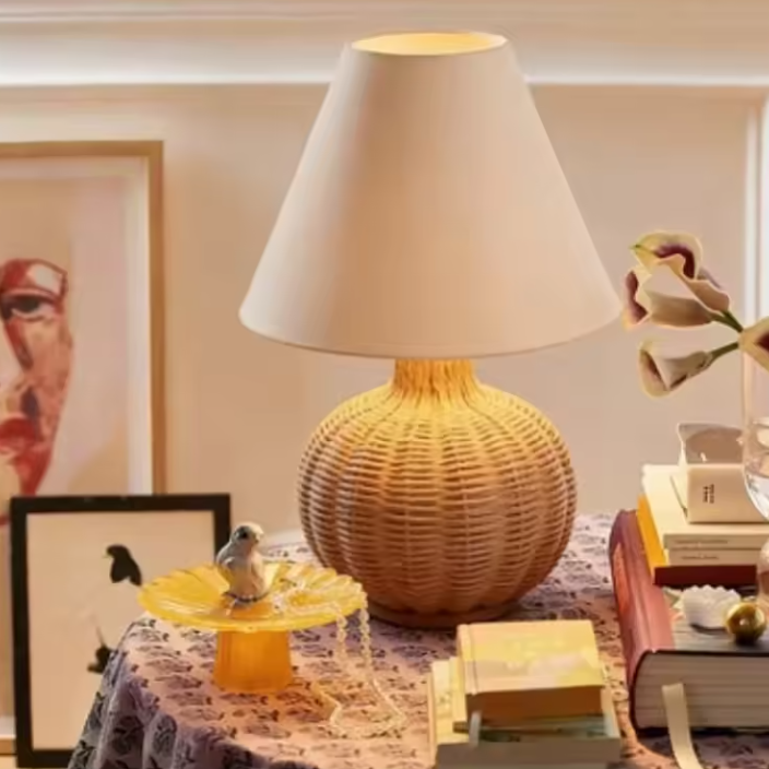Rattan table lamp with linen-blend shade, view 10