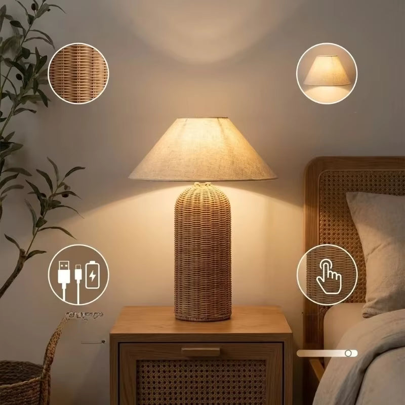 Rattan table lamp with linen-blend shade, view 6