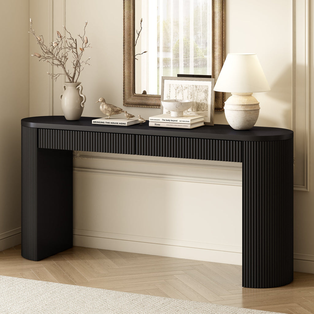 Fluted black console table with two drawers, view 2