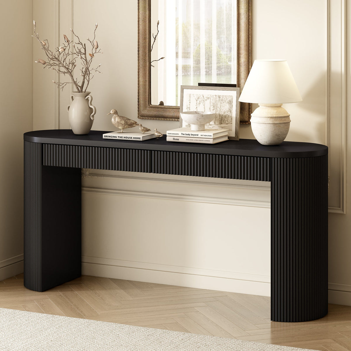 Fluted Black Console Table with Two Drawers