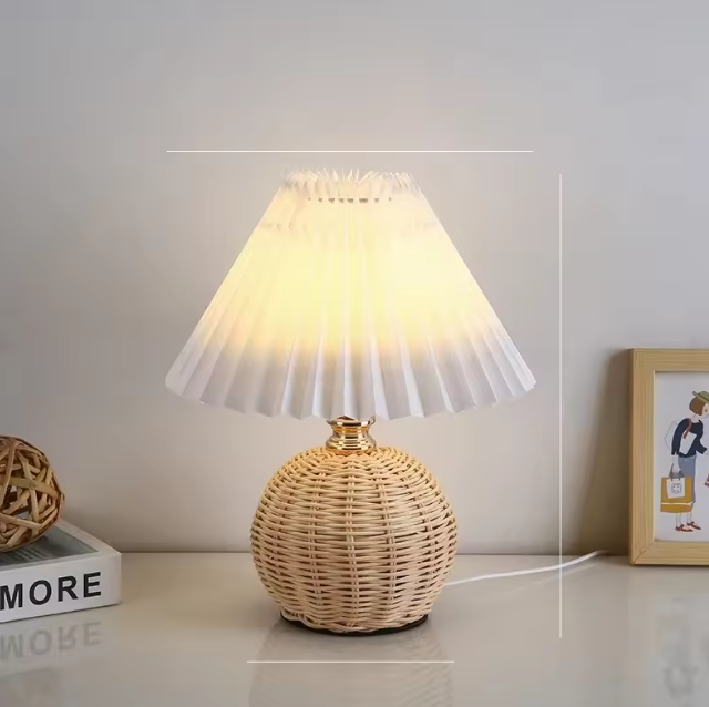 Small handwoven rattan bedside lamp