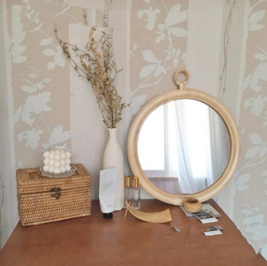 Round rattan-framed table mirror, handmade