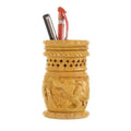 Hand-carved wooden pen holder with a pierced lattice band