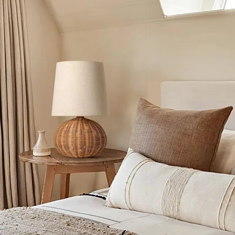 Rattan table lamp with linen-blend shade, view 9