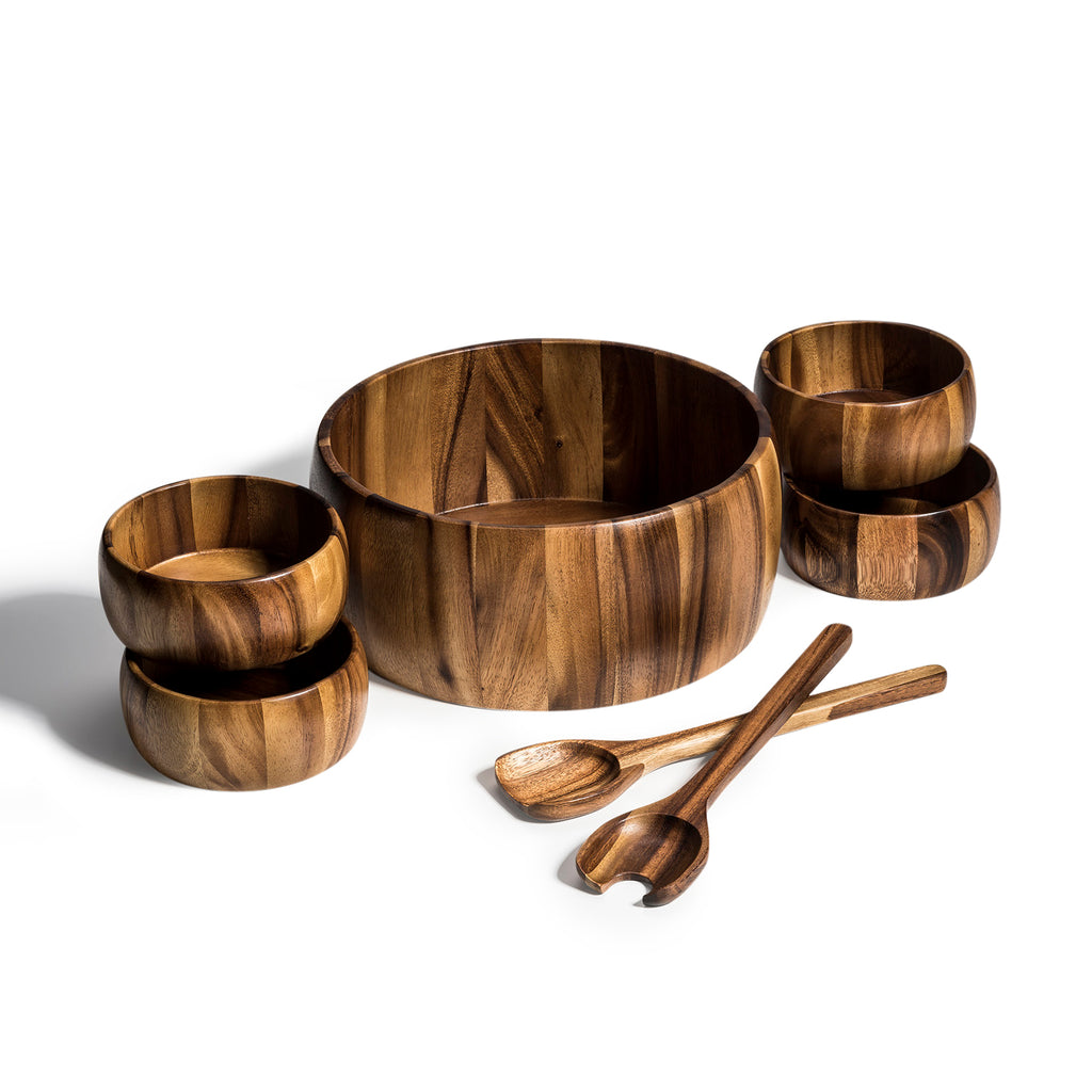 Dragor 7-piece acacia salad bowl set with servers