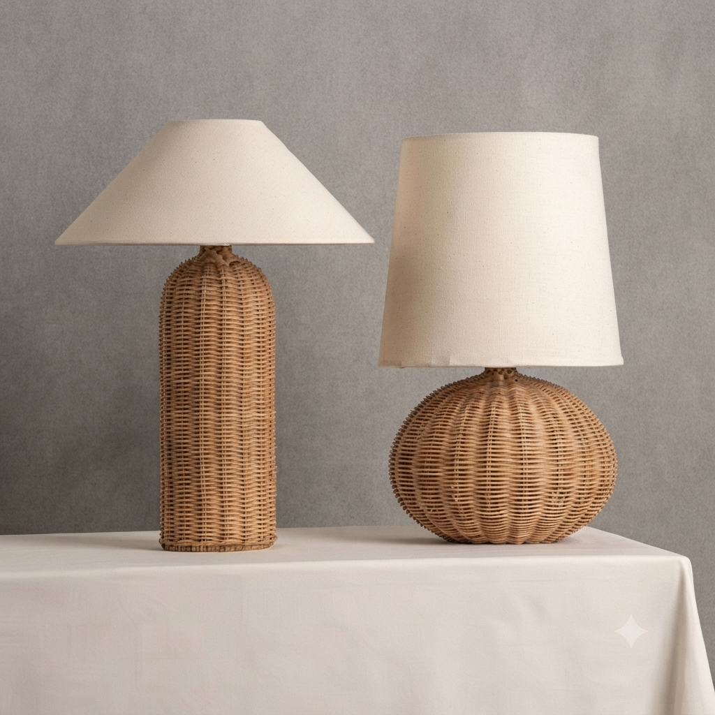 Table lamp with a woven rattan base and linen-blend shade
