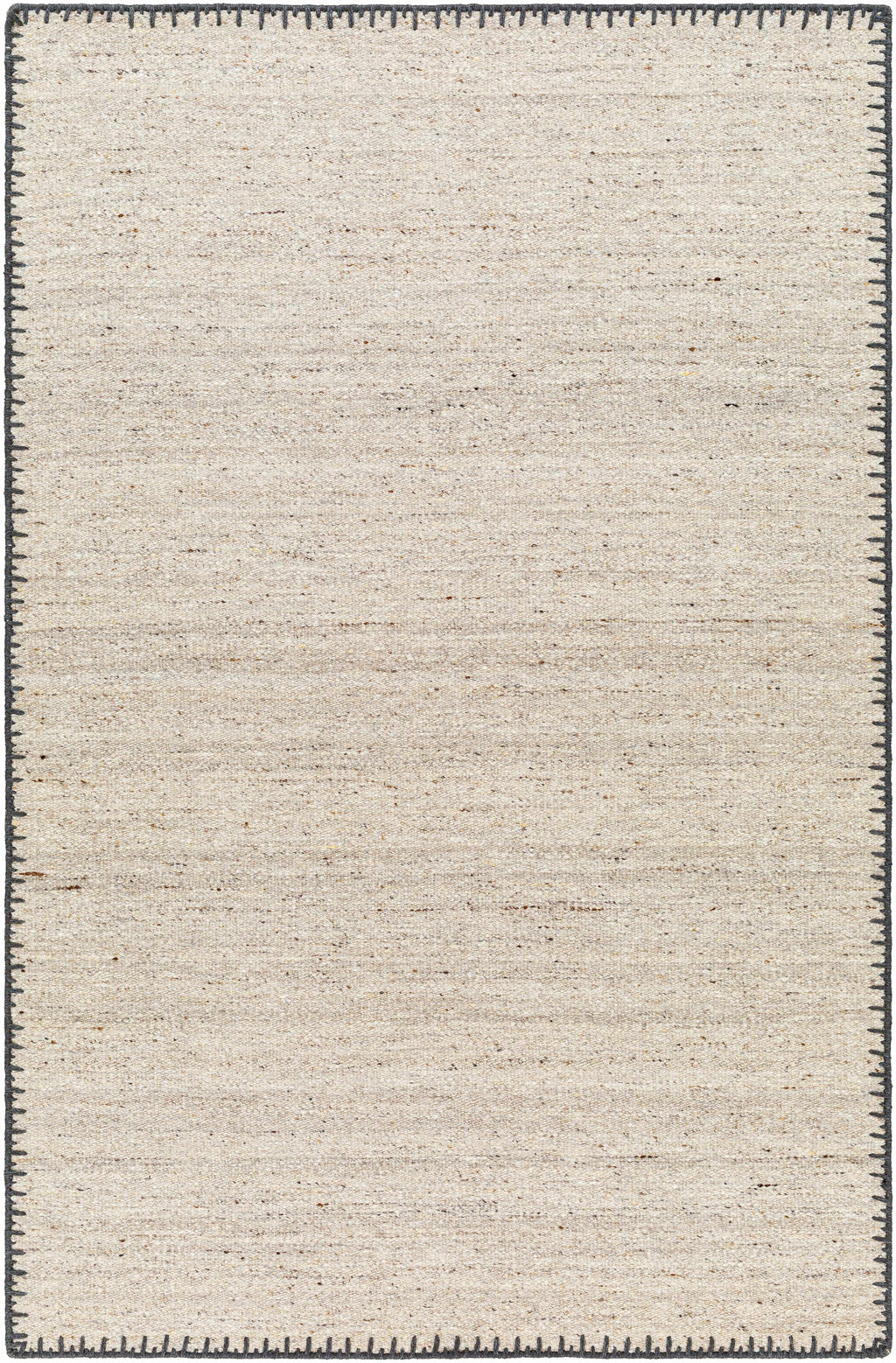 Hand-woven beige wool rug with a stitched border
