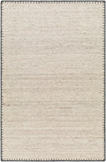 Hand-woven beige wool rug with a stitched border