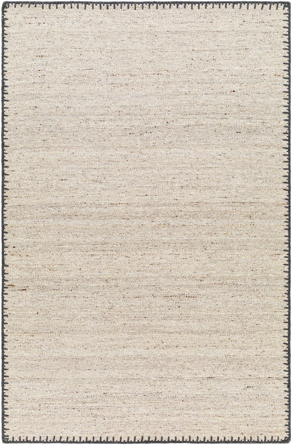 Hand-woven beige wool rug with a stitched border