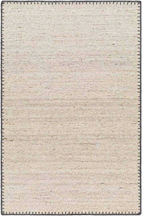 Hand-woven beige wool rug with a stitched border