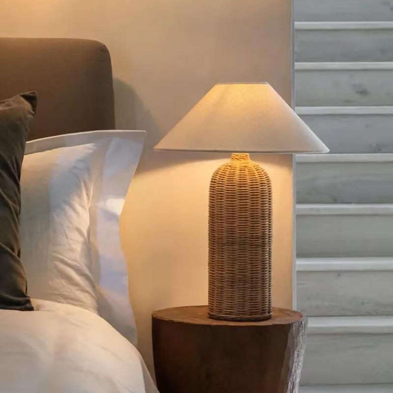 Rattan table lamp with linen-blend shade, view 3